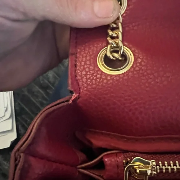 Bebe Red Studded Logo Chain Shoulder Bag Gold Hardware Flap Crossbody Purse - Picture 10 of 12